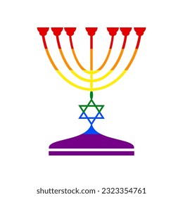 Jewish Menorah candlestick in black silhouette. Rainbow gay LGBT rights colored Icon at white Background. Illustration.