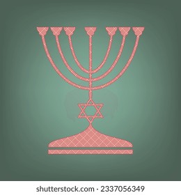 Jewish Menorah candlestick in black silhouette. Apricot Icon with Brick Red parquet floor graphic pattern on a Ebony background. Feldgrau. Green. Illustration.