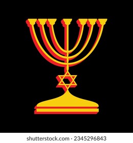 Jewish Menorah candlestick in black silhouette. 3D Extruded Yellow Icon with Red Sides a Black background. Illustration.