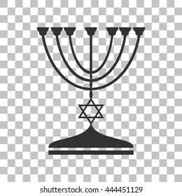 Jewish Menorah candlestick in black silhouette. Dark gray icon on transparent background.