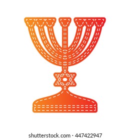 Jewish Menorah candlestick in black silhouette. Orange applique isolated.