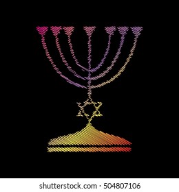 Jewish Menorah candlestick in black silhouette. Coloful chalk effect on black backgound.