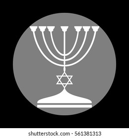 Jewish Menorah candlestick in black silhouette. White icon in gray circle at black background. Circumscribed circle. Circumcircle.