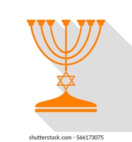 Jewish Menorah candlestick in black silhouette. Orange icon with flat style shadow path.