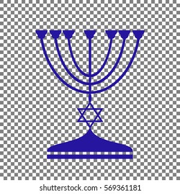 Jewish Menorah candlestick in black silhouette. Blue icon on transparent background.