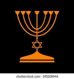 Jewish Menorah candlestick in black silhouette. Orange icon on black background.