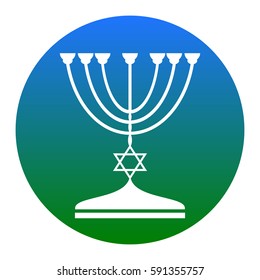 Jewish Menorah candlestick in black silhouette. Vector. White icon in bluish circle on white background. Isolated.