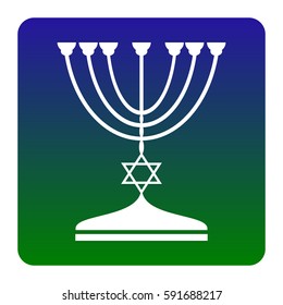 Jewish Menorah candlestick in black silhouette. Vector. White icon at green-blue gradient square with rounded corners on white background. Isolated.