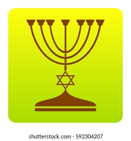 Jewish Menorah candlestick in black silhouette. Vector. Brown icon at green-yellow gradient square with rounded corners on white background. Isolated.