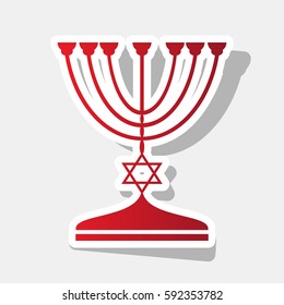 Jewish Menorah candlestick in black silhouette. Vector. New year reddish icon with outside stroke and gray shadow on light gray background.