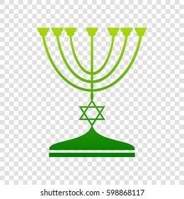 Jewish Menorah candlestick in black silhouette. Vector. Green gradient icon on transparent background.