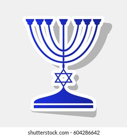 Jewish Menorah candlestick in black silhouette. Vector. New year bluish icon with outside stroke and gray shadow on light gray background.