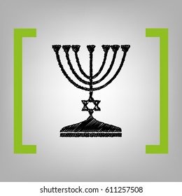 Jewish Menorah candlestick in black silhouette. Vector. Black scribble icon in citron brackets on grayish background.