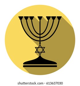 Jewish Menorah candlestick in black silhouette. Vector. Flat black icon with flat shadow on royal yellow circle with white background. Isolated.