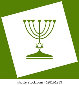 Jewish Menorah candlestick in black silhouette. Vector. White icon obtained as a result of subtraction rotated square and path. Avocado background.