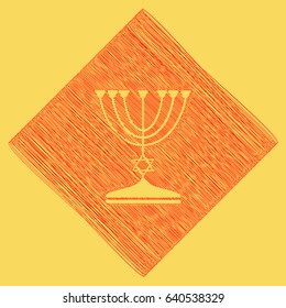 Jewish Menorah candlestick in black silhouette. Vector. Red scribble icon obtained as a result of subtraction rhomb and path. Royal yellow background.