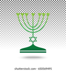 Jewish Menorah candlestick in black silhouette. Vector. Green gradient icon with shadow at bottom on transparent and white background.
