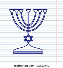 Jewish Menorah candlestick in black silhouette. Vector. Navy line icon on notebook paper as background with red line for field.