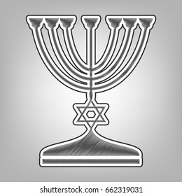 Jewish Menorah candlestick in black silhouette. Vector. Pencil sketch imitation. Dark gray scribble icon with dark gray outer contour at gray background.
