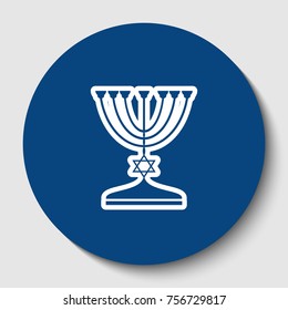 Jewish Menorah candlestick in black silhouette. Vector. White contour icon in dark cerulean circle at white background. Isolated.