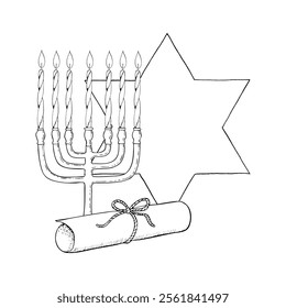 Jewish menorah candlestick with candles, Torah scroll and star of David black and white ink vector illustration for coloring, Purim or Shabbat greetings for holiday. Hand drawn line art sketch