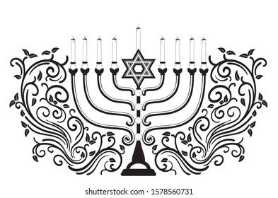 Jewish menorah for Hanukkah, Jewish festival of lights decoration symbol.