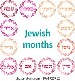 Jewish months names text  in Hebrew Nissan,Iyar,Sivan,Tammuz,Av,Elul,Tishrei,Cheshvan,Kislev,Tevet,Shevat,Adar
 surrounded by beautiful tiny branches wreath on transparent background