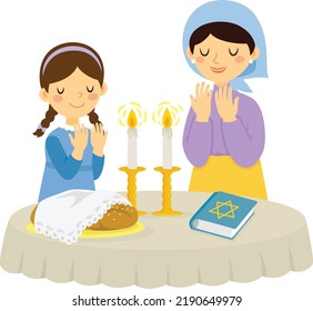 Jewish mother and daughter blessing for the candles on Shabbat (Saturday eve).