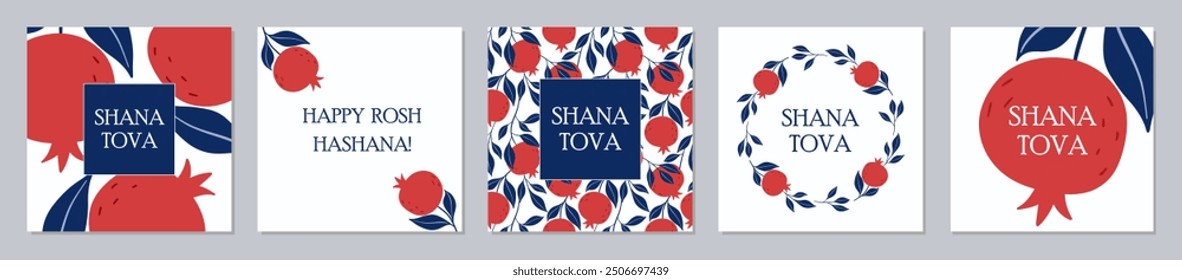 Jewish New Year card design set. Rosh Hashanah symbol pomegranate. Happy New Year. Vector illustration