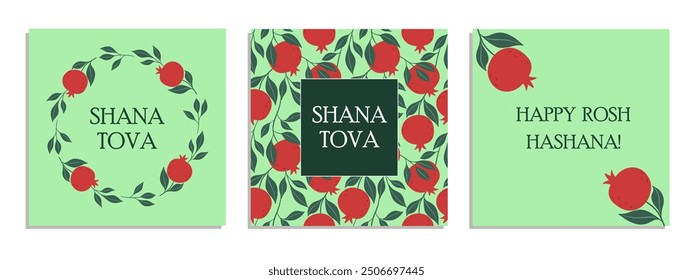 Jewish New Year card design set. Rosh Hashanah symbol pomegranate. Happy New Year. Vector illustration