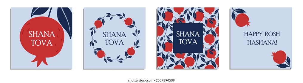 Jewish New Year card design set. Rosh Hashanah symbol pomegranate. Happy New Year. Vector illustration