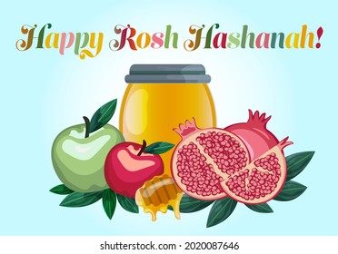 Jewish new year card, Happy Rosh Hashanah, religious holiday, pomegranate, apples and honey, traditional celebration, Jewish culture, Israel traditional food 