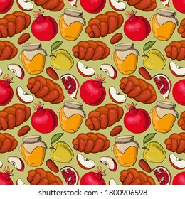Jewish New Year. Colorful seamless pattern with symbols of Rosh Hashanah. Endless texture for your design.	
