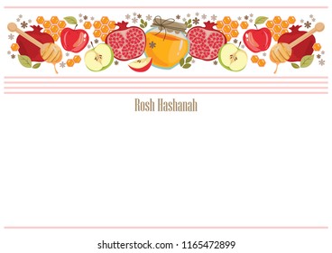 The Jewish New Year. Decorations such as honey, apples, pomegranate, spoon, honeycomb. Stripes above and below. Place for text. Rectangular shape.