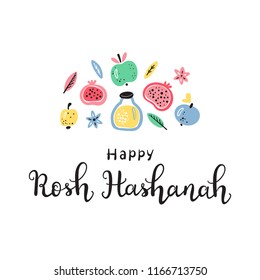 
Jewish New Year Holiday. Concept of Happy Shana Tova. Rosh Hashanah Vector Greeting Card. Hand Drawn Lettering and Doodle Fruits. Pomegranate Fruit, Apples, Honey Jar, Flowers, and Leaves