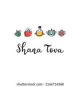 
Jewish New Year Holiday. Concept of Happy Shana Tova. Rosh Hashanah Greeting Card. Hand Drawn Lettering and Doodle Fruits. Pomegranate Fruit, Apples and Honey Jar. Vector Festive Background