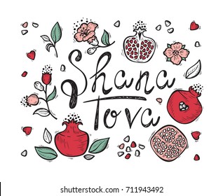 Jewish New Year Holiday. Concept of Happy Shana Tova. Rosh Hashanah Greeting Card. Hand Drawn Shana Tova Lettering and Doodle Fruits. Pomegranate Fruit, Flowers, Leaves. Vector Festive Background