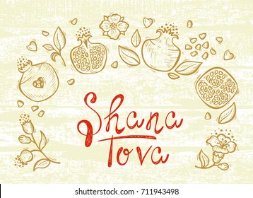 Jewish New Year Holiday. Concept of Happy Shana Tova. Rosh Hashanah Greeting Card. Hand Drawn Shana Tova Lettering and Doodle Fruits. Pomegranate Fruit, Flowers, Leaves. Vector Festive Background