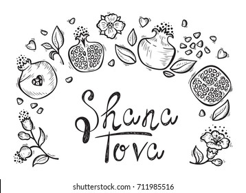 Jewish New Year Holiday. Concept of Happy Shana Tova. Rosh Hashanah Greeting Card. Hand Drawn Shana Tova Lettering and Doodle Fruits. Pomegranate Fruit, Flowers, Leaves. Vector Festive Background