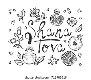 Jewish New Year Holiday. Concept of Happy Shana Tova. Rosh Hashanah Greeting Card. Hand Drawn Shana Tova Lettering and Doodle Fruits. Pomegranate Fruit, Flowers, Leaves. Vector Festive Background