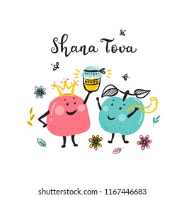 Jewish New Year Holiday. Happy Shana Tova. Rosh Hashanah Vector Greeting Card. Hand Drawn Lettering and Doodle Cute Fruits. Pomegranate Fruit and Apple Fruit Cartoon Characters with Honey Jar