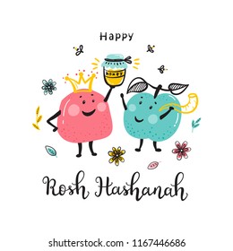 Jewish New Year Holiday. Happy Shana Tova. Rosh Hashanah Vector Greeting Card. Hand Drawn Lettering and Doodle Cute Fruits. Pomegranate Fruit and Apple Fruit Cartoon Characters with Honey Jar