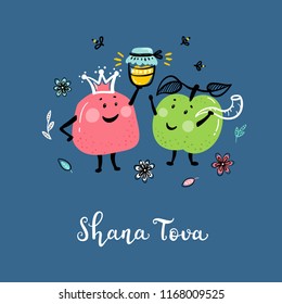 Jewish New Year Holiday. Happy Shana Tova. Rosh Hashanah Vector Greeting Card. Hand Drawn Lettering and Doodle Cute Fruits. Pomegranate Fruit and Apple Fruit Cartoon Characters with Honey Jar