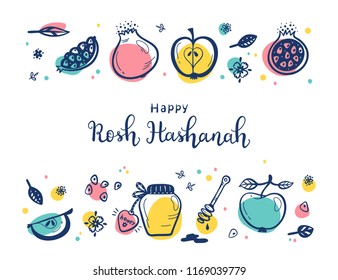 Festividades judías de Año Nuevo. Feliz Shana Tova. Tarjeta de felicitación del vector Rosh Hashanah. Letrería de mano y frutas de perro. Fruta granada, manzanas, jabón de miel, flores y hojas