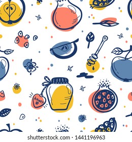 Jewish New Year Holiday. Happy Shana Tova. Rosh Hashanah Vector Seamless Pattern. Hand Drawn Doodle Fruits Repeating Background. Pomegranate Fruit, Apples, Honey Jar, Flowers and Leaves