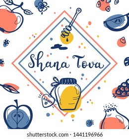 Jewish New Year Holiday. Happy Shana Tova. Rosh Hashanah Vector Greeting Card. Hand Drawn Lettering and Doodle Fruits. Pomegranate Fruit, Apples, Honey Jar, Flowers and Leaves