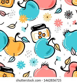 Jewish New Year Holiday. Happy Shana Tova. Rosh Hashanah Vector Seamless Pattern. Hand Drawn Doodle Fruits Repeating Background. Pomegranate Fruit, Apples, Honey Jar, Flowers and Leaves 