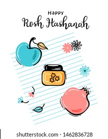 Jewish New Year Holiday. Happy Shana Tova. Rosh Hashanah Vector Greeting Card. Hand Drawn Lettering and Doodle Fruits. Pomegranate Fruit, Apples, Honey Jar, Flowers and Leaves