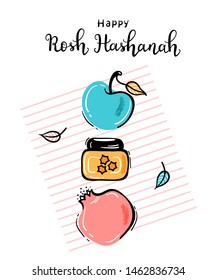 Jewish New Year Holiday. Happy Shana Tova. Rosh Hashanah Vector Greeting Card. Hand Drawn Lettering and Doodle Fruits. Pomegranate Fruit, Apples, Honey Jar and Leaves