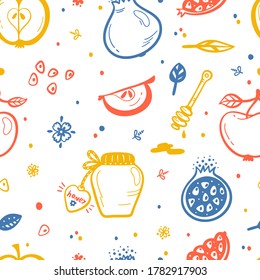 Jewish New Year Holiday. Happy Shana Tova. Rosh Hashanah Vector Seamless Pattern. Hand Drawn Doodle Fruits Repeating Background. Pomegranate Fruit, Apples, Honey Jar, Flowers and Leaves